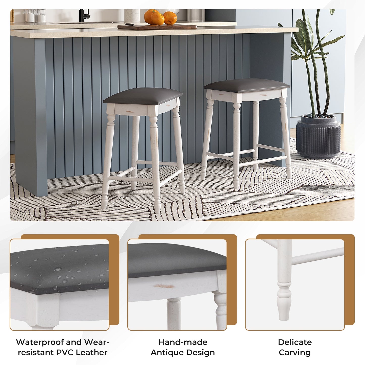 24 Inch Bar Stool Set of 2 with Padded Seat Cushions and Wood Legs-24 inches Bar Stools at Gallery Canada