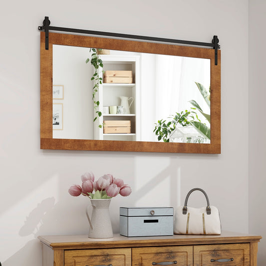 40 Inch x 26 Inch Rectangle Barn Door Mirror, Solid Wood Frame, Brown Wall Mirrors Brown at Gallery Canada
