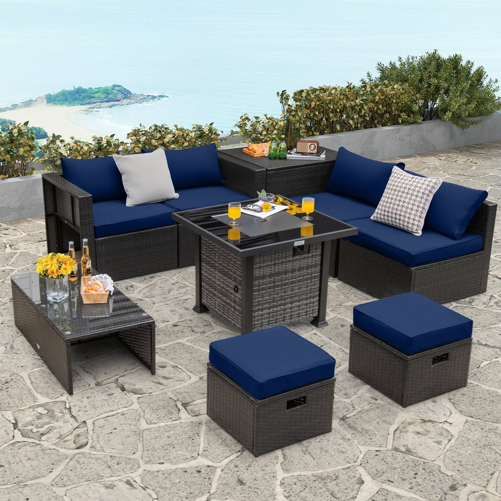Outdoor 9 Pieces Patio Furniture Set with 50 000 BTU Propane Fire Pit Table, Navy at Gallery Canada