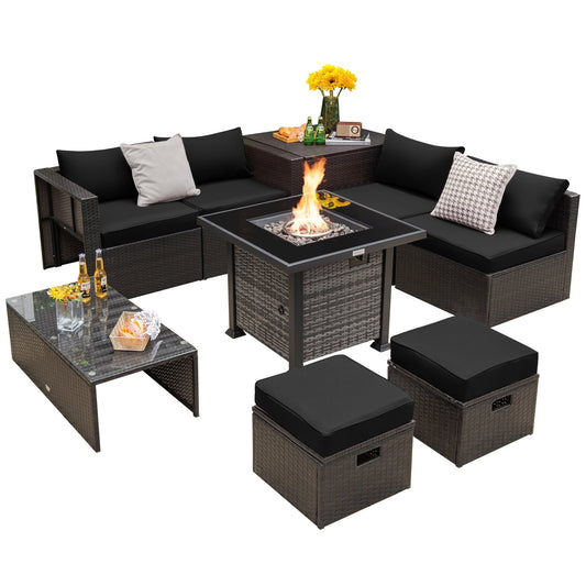 Outdoor 9 Pieces Patio Furniture Set with 50 000 BTU Propane Fire Pit Table, Black - Gallery Canada