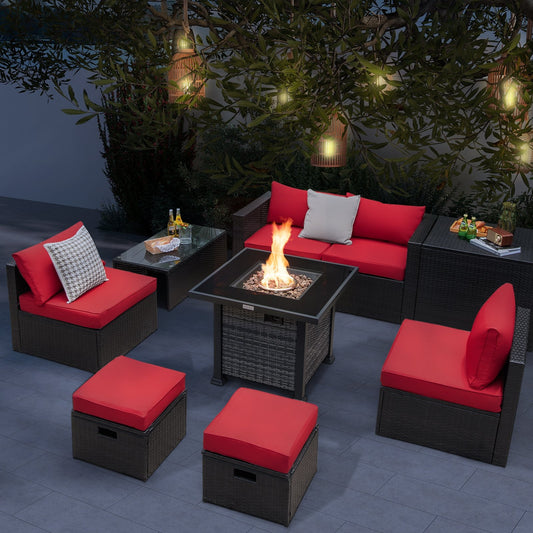 Outdoor 9 Pieces Patio Furniture Set with 50 000 BTU Propane Fire Pit Table, Red - Gallery Canada