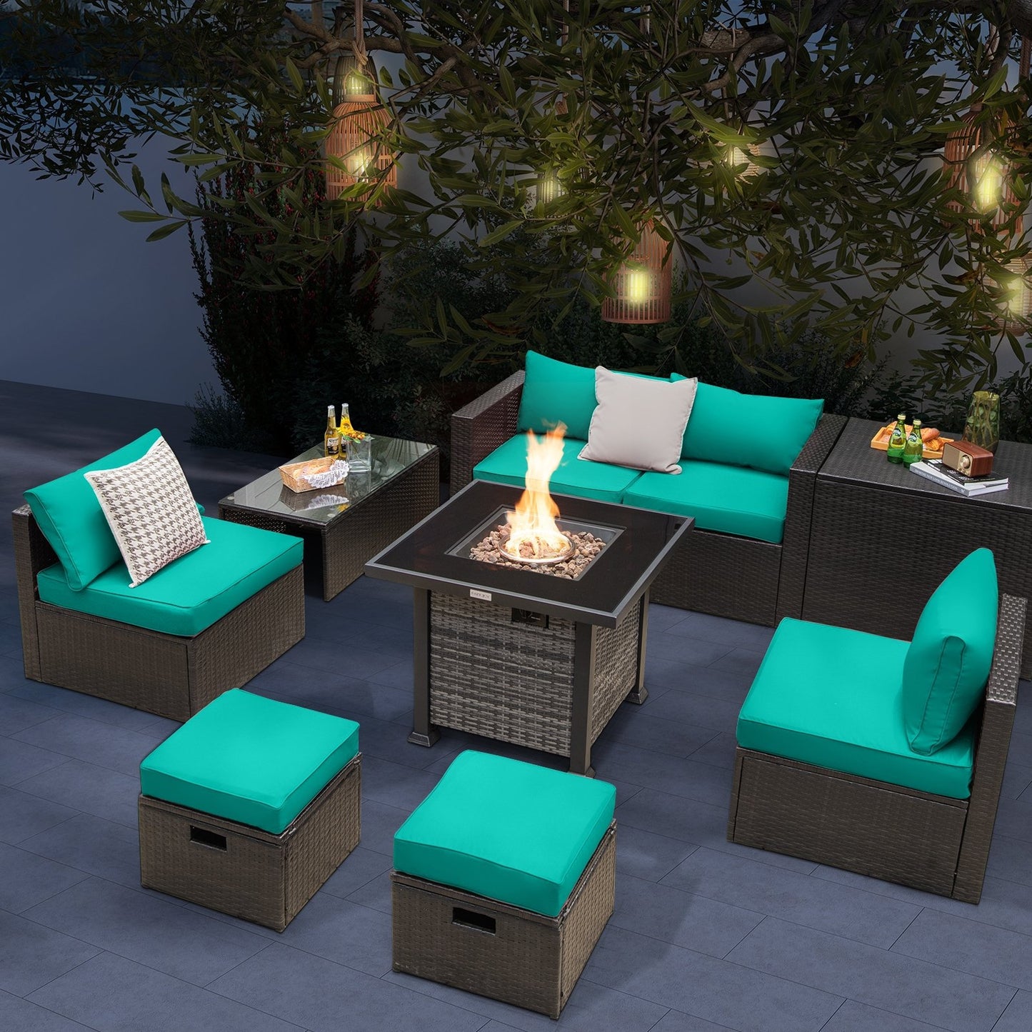 Outdoor 9 Pieces Patio Furniture Set with 50 000 BTU Propane Fire Pit Table, Turquoise at Gallery Canada
