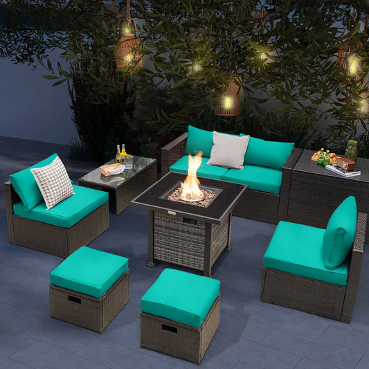 Outdoor 9 Pieces Patio Furniture Set with 50 000 BTU Propane Fire Pit Table, Turquoise - Gallery Canada