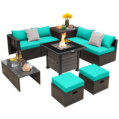 Outdoor 9 Pieces Patio Furniture Set with 50 000 BTU Propane Fire Pit Table, Turquoise at Gallery Canada