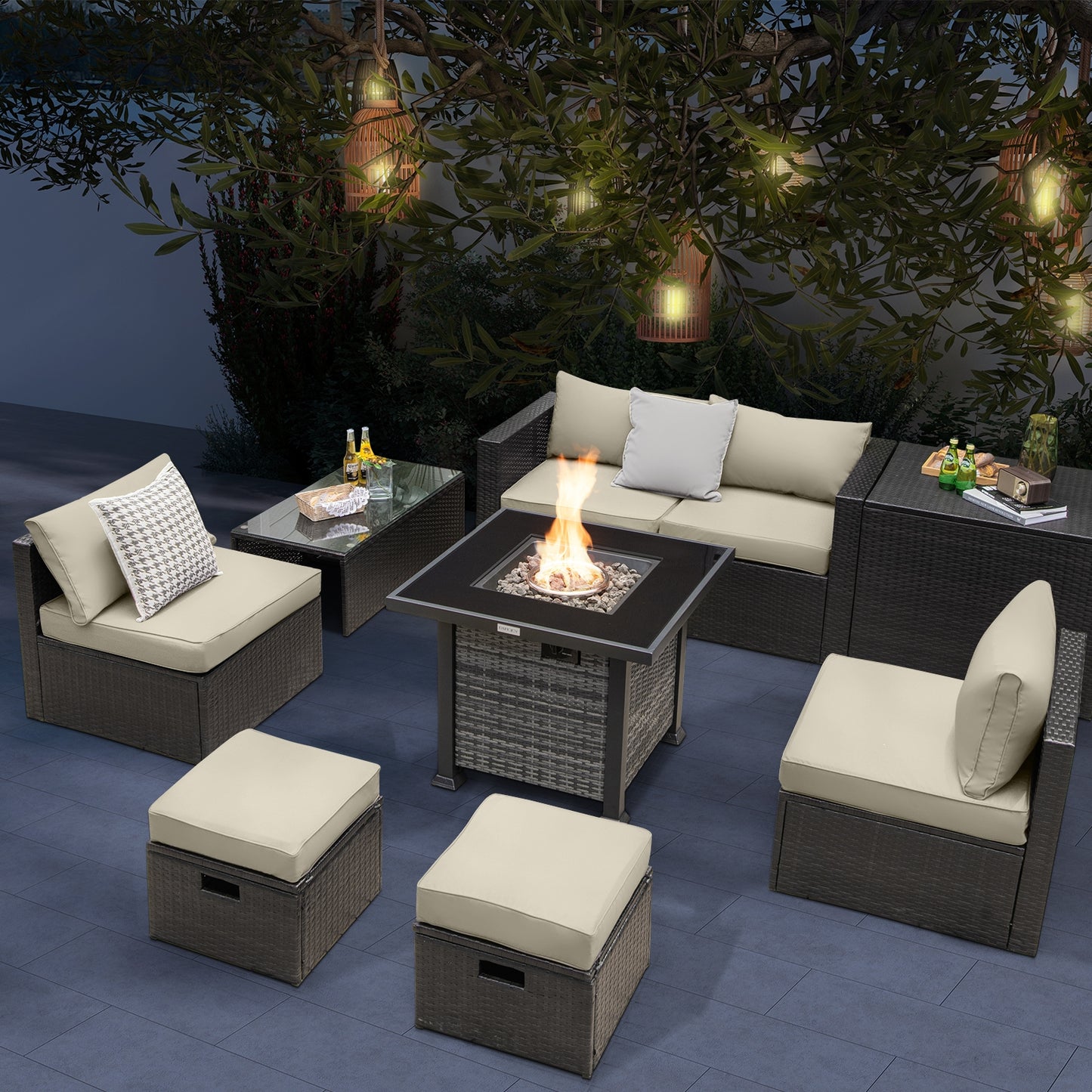 9 Piece Patio Furniture Set, 50 000 BTU Propane Fire Pit Table, Off White Patio Conversation Sets at Gallery Canada