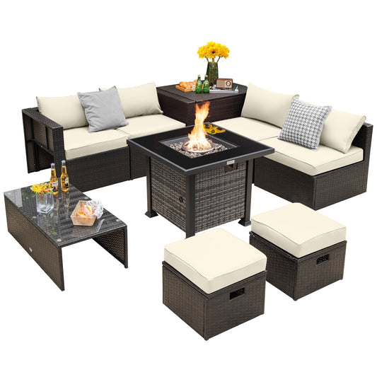 Outdoor 9 Pieces Patio Furniture Set with 50 000 BTU Propane Fire Pit Table, Off White
