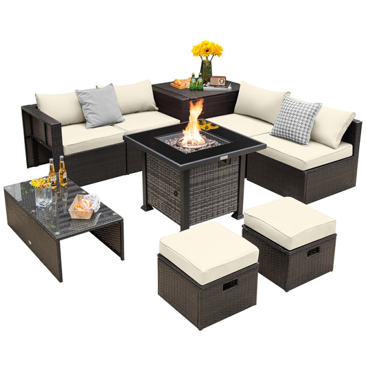 9 Piece Patio Furniture Set, 50 000 BTU Propane Fire Pit Table, Off White