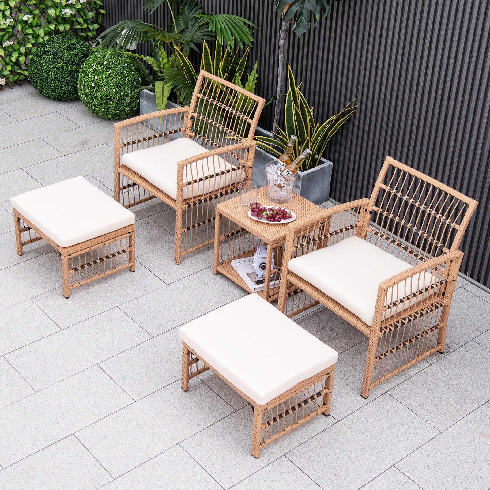 5 Piece Patio Wicker Sofa Set with Seat and Back Cushions, Natural Patio Conversation Sets at Gallery Canada