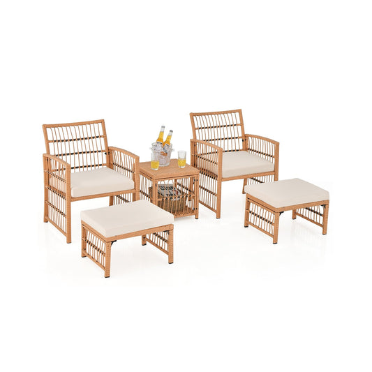 5 Piece Patio Wicker Sofa Set with Seat and Back Cushions, Natural - Gallery Canada
