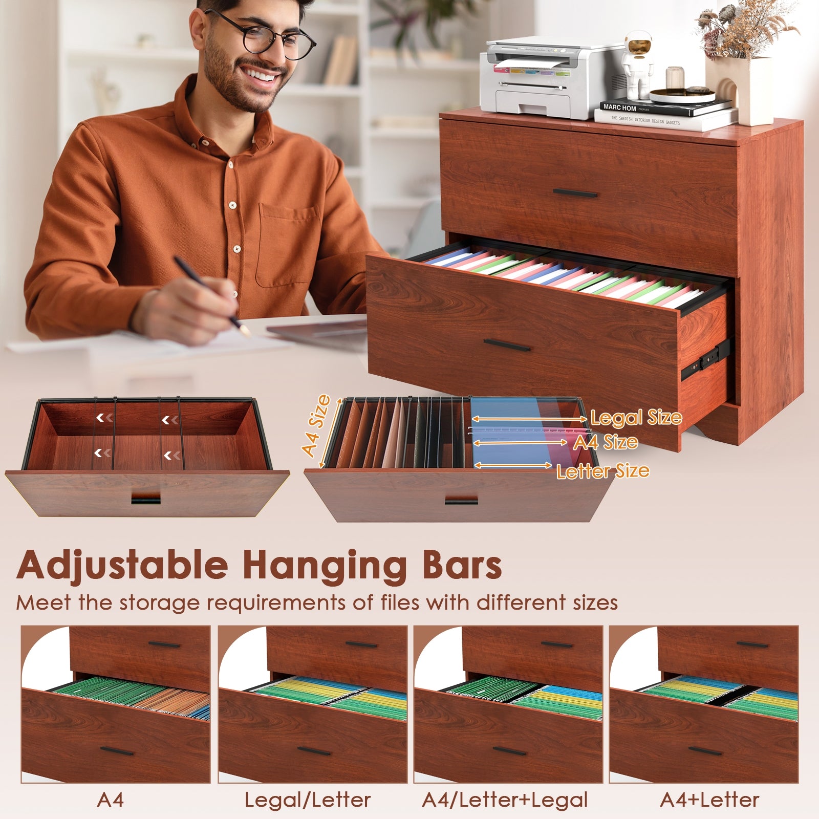 2-Drawer Lateral File Cabinet, Adjustable Bars, Walnut File Cabinets at Gallery Canada