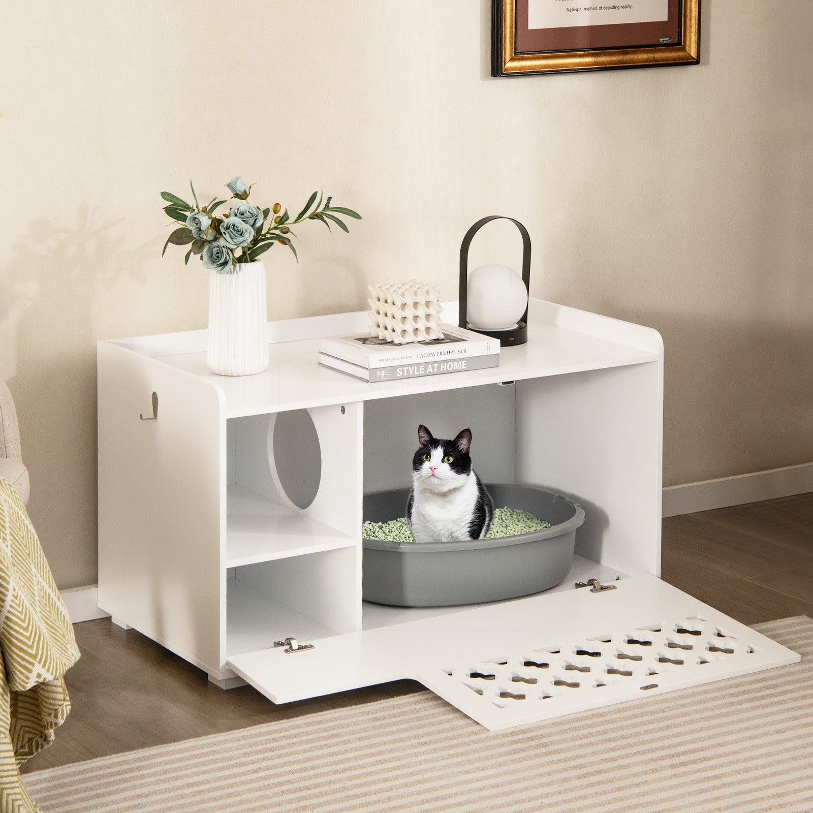 Cat Litter Box Enclosure with Removable Cushion and Front Open Door, White Cat Houses at Gallery Canada