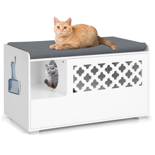 Cat Litter Box Enclosure with Removable Cushion and Front Open Door, White - Gallery Canada