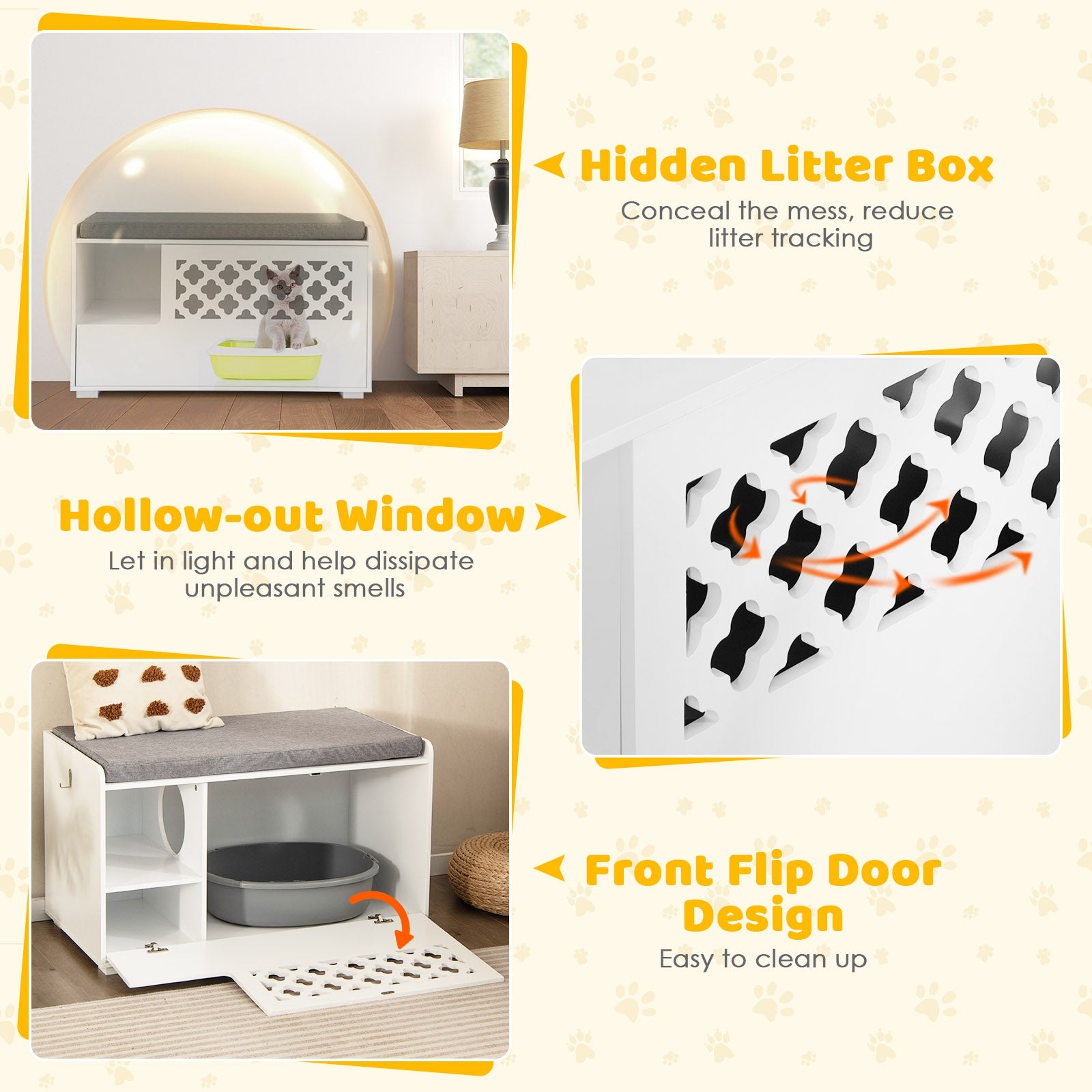Cat Litter Box Enclosure with Removable Cushion and Front Open Door, White Cat Houses at Gallery Canada
