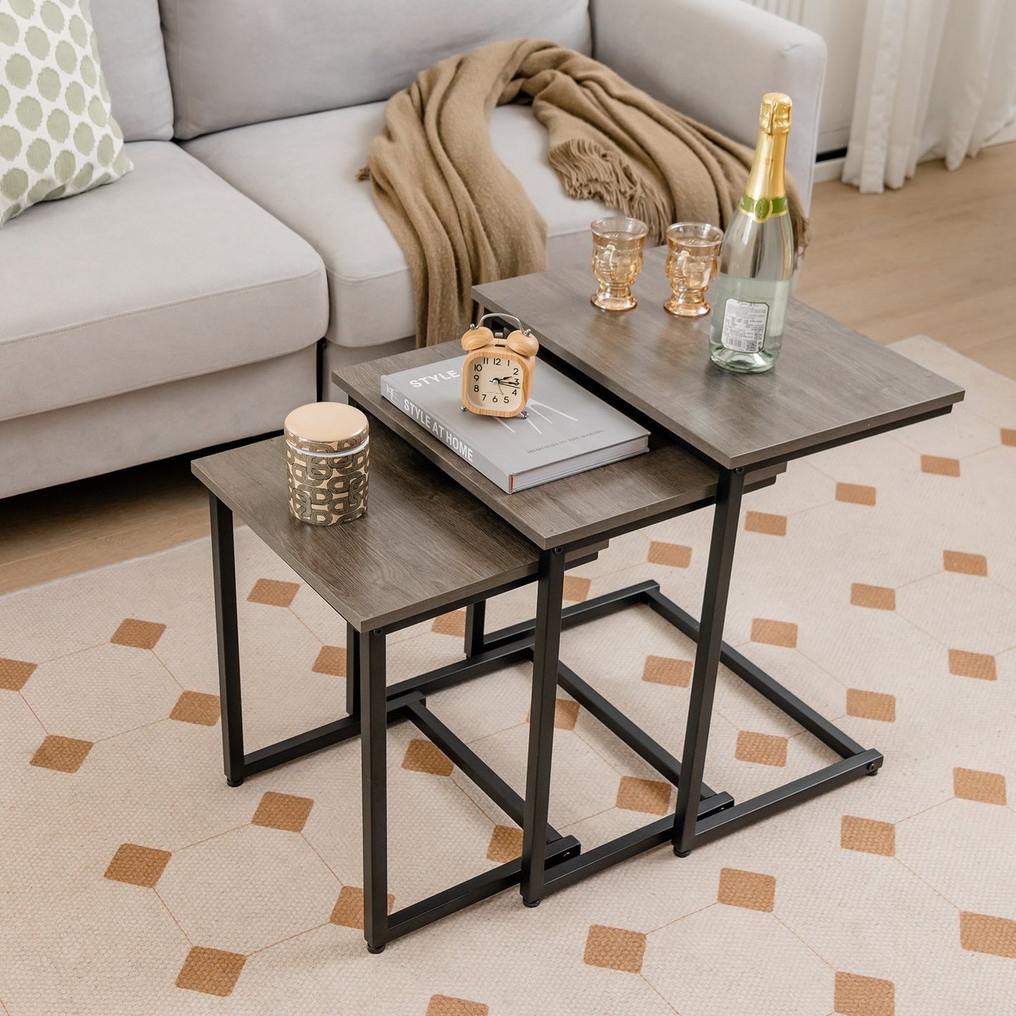 3 Pieces Multifunctional Coffee End Table Set, Oak