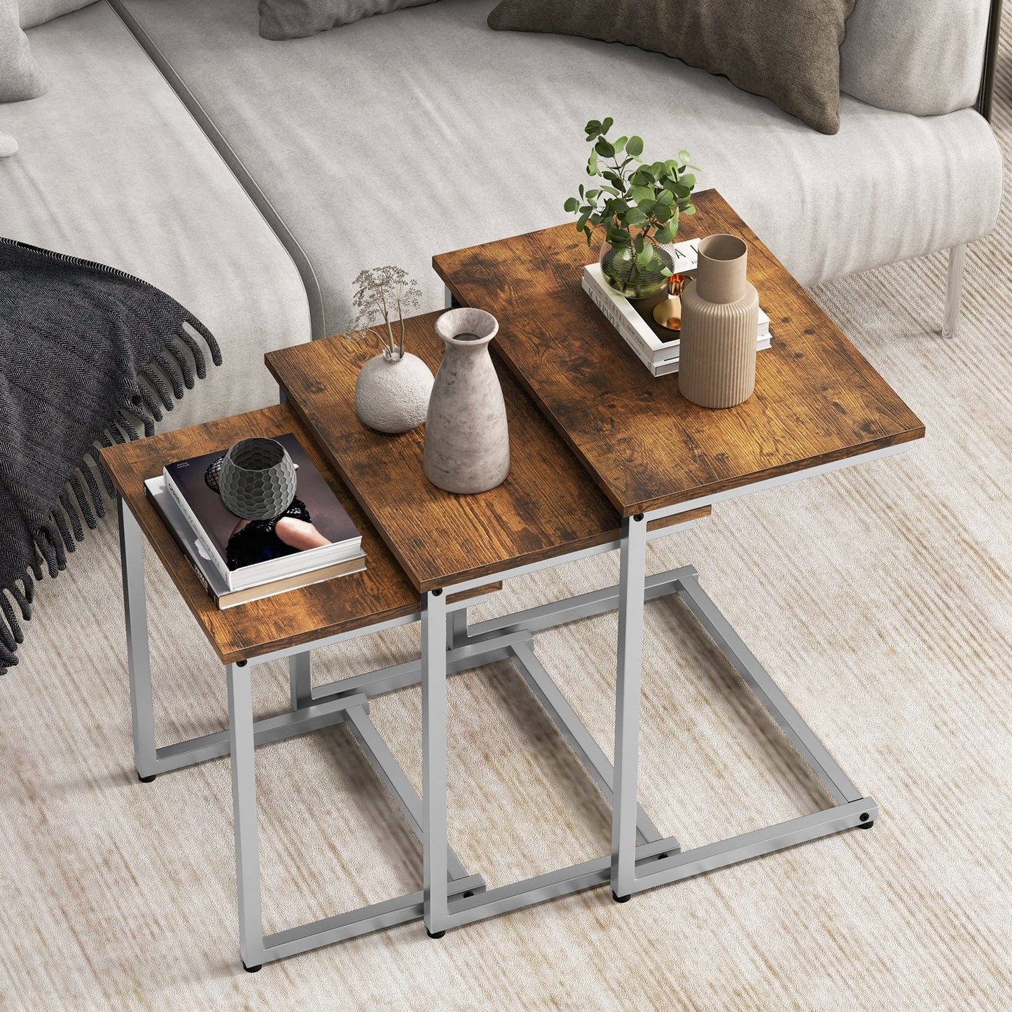 3 Pieces Multifunctional Coffee End Table Set, Rustic Brown