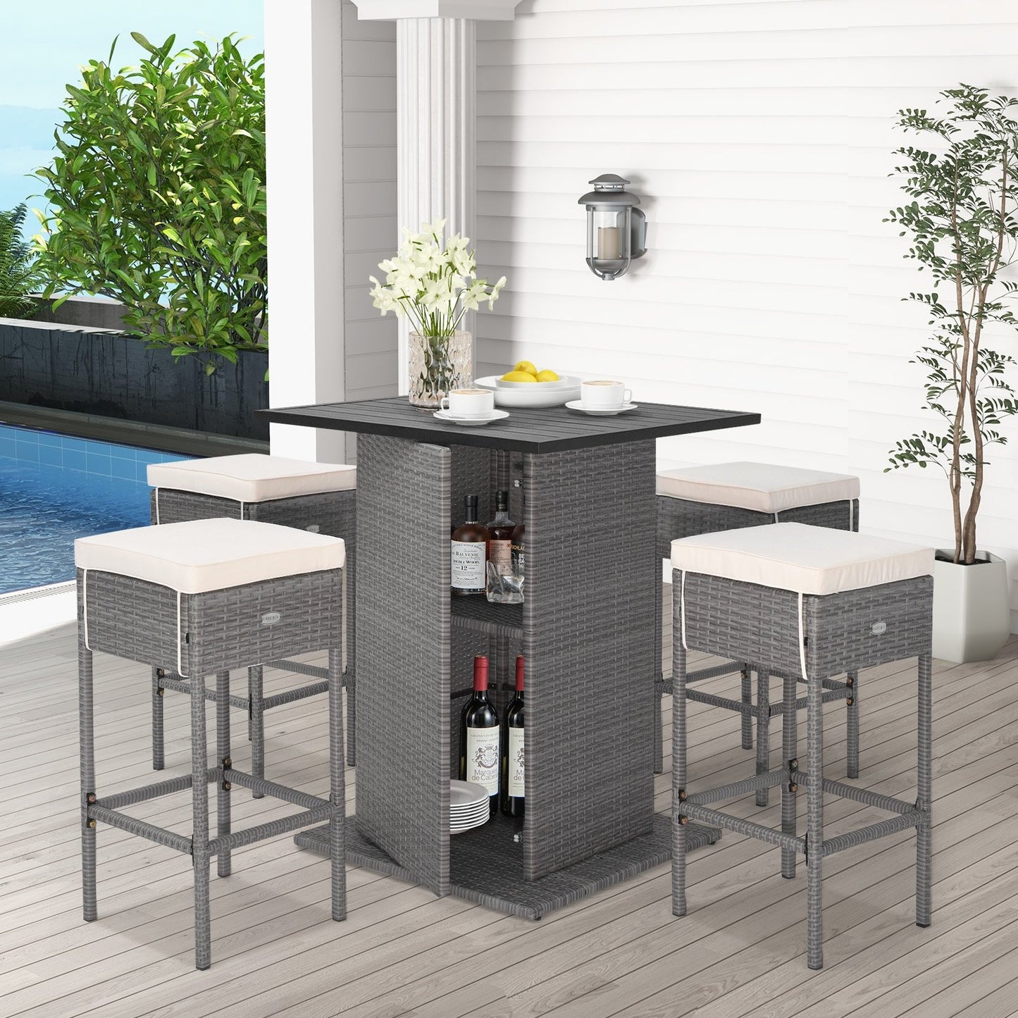 5 Pieces Outdoor Wicker Bar Table Set with Hidden Storage Shelves, Beige at Gallery Canada