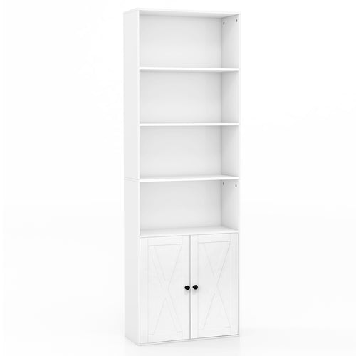 71 Inch Bookshelf, 6 Shelves, 2-Door Cabinet, White
