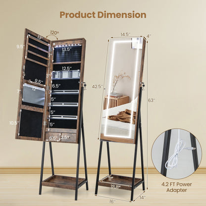 LED Standing Jewelry Mirror Cabinet with 3-Color Lighted Full-Length Mirror, Rustic Brown at Gallery Canada