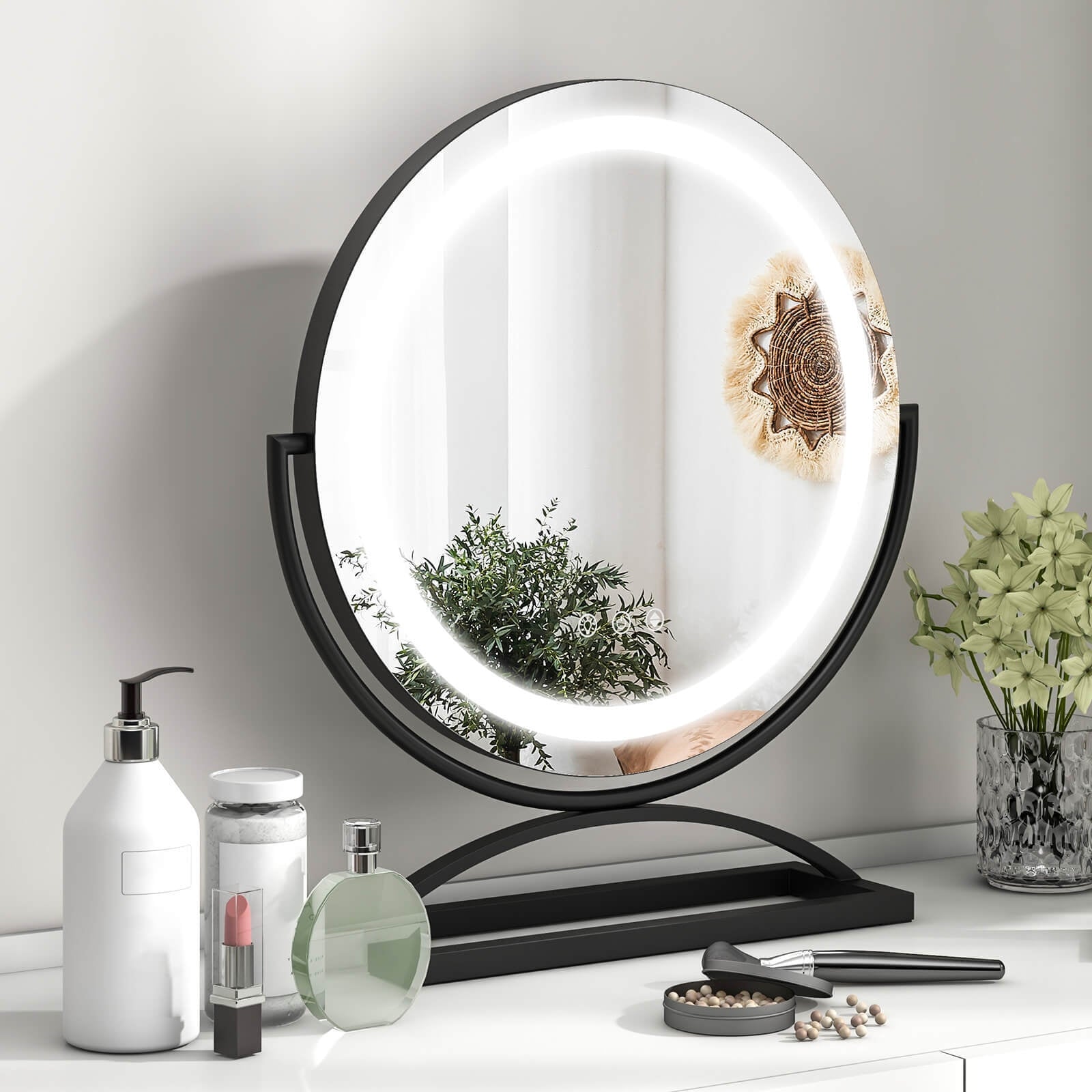16 Inch Round Makeup Vanity Mirror with 3 Color Dimmable LED Lighting, Black Mirrors at Gallery Canada