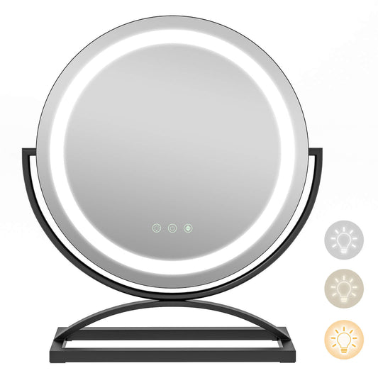 16 Inch Round Makeup Mirror, 3 Color Dimmable LED, Black
