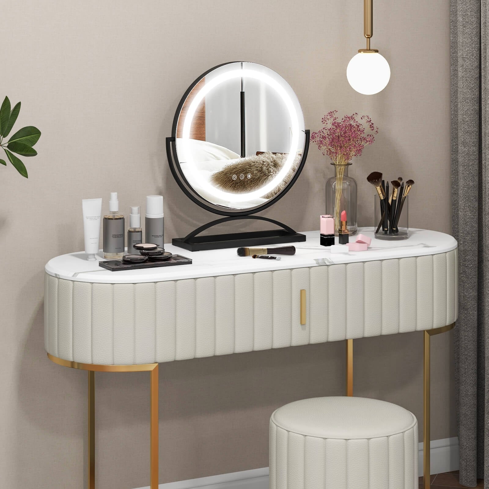 16 Inch Round Makeup Vanity Mirror with 3 Color Dimmable LED Lighting, Black Mirrors at Gallery Canada