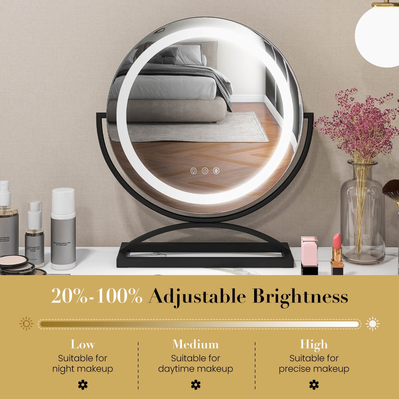 16 Inch Round Makeup Vanity Mirror with 3 Color Dimmable LED Lighting, Black Mirrors at Gallery Canada