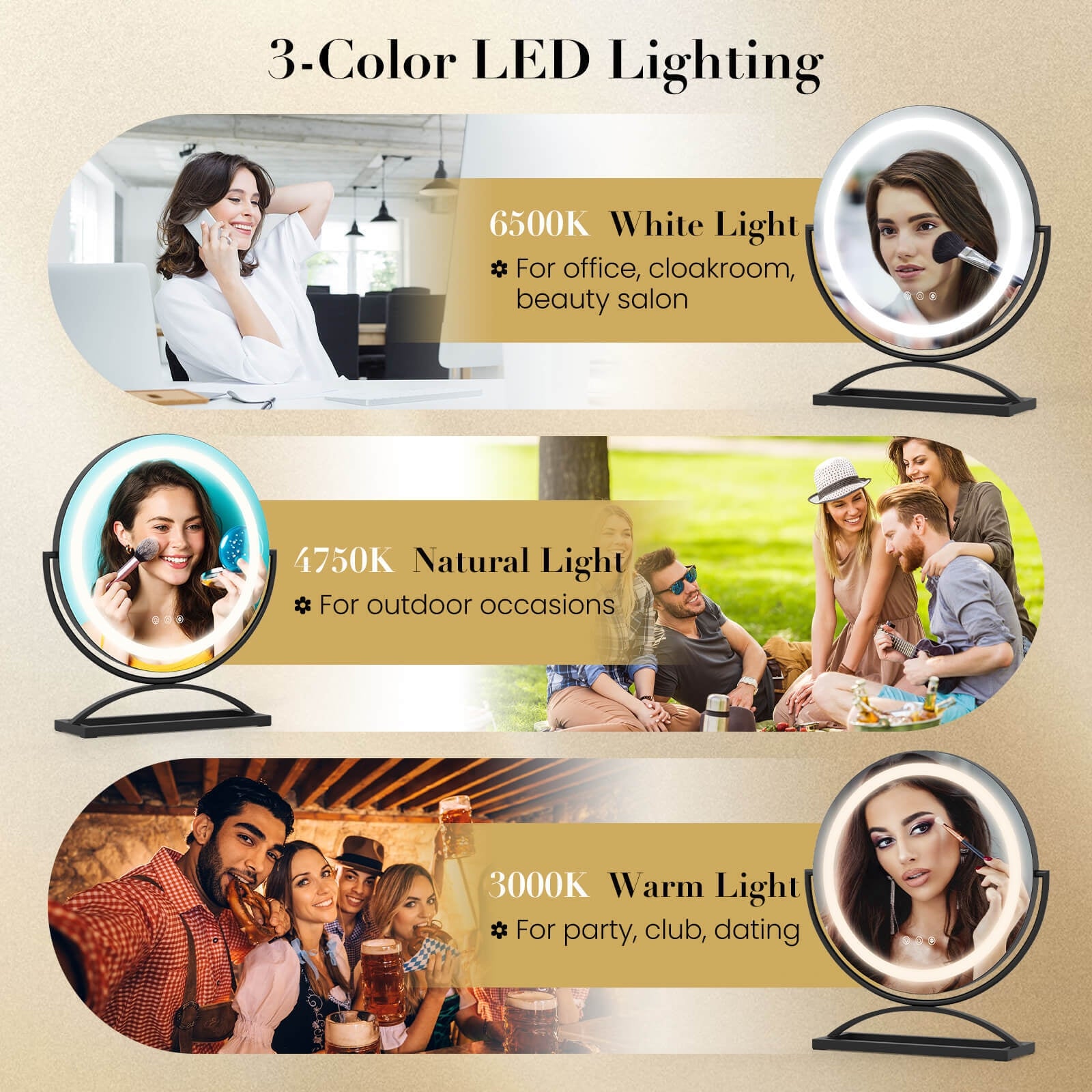 16 Inch Round Makeup Vanity Mirror with 3 Color Dimmable LED Lighting, Black Mirrors at Gallery Canada