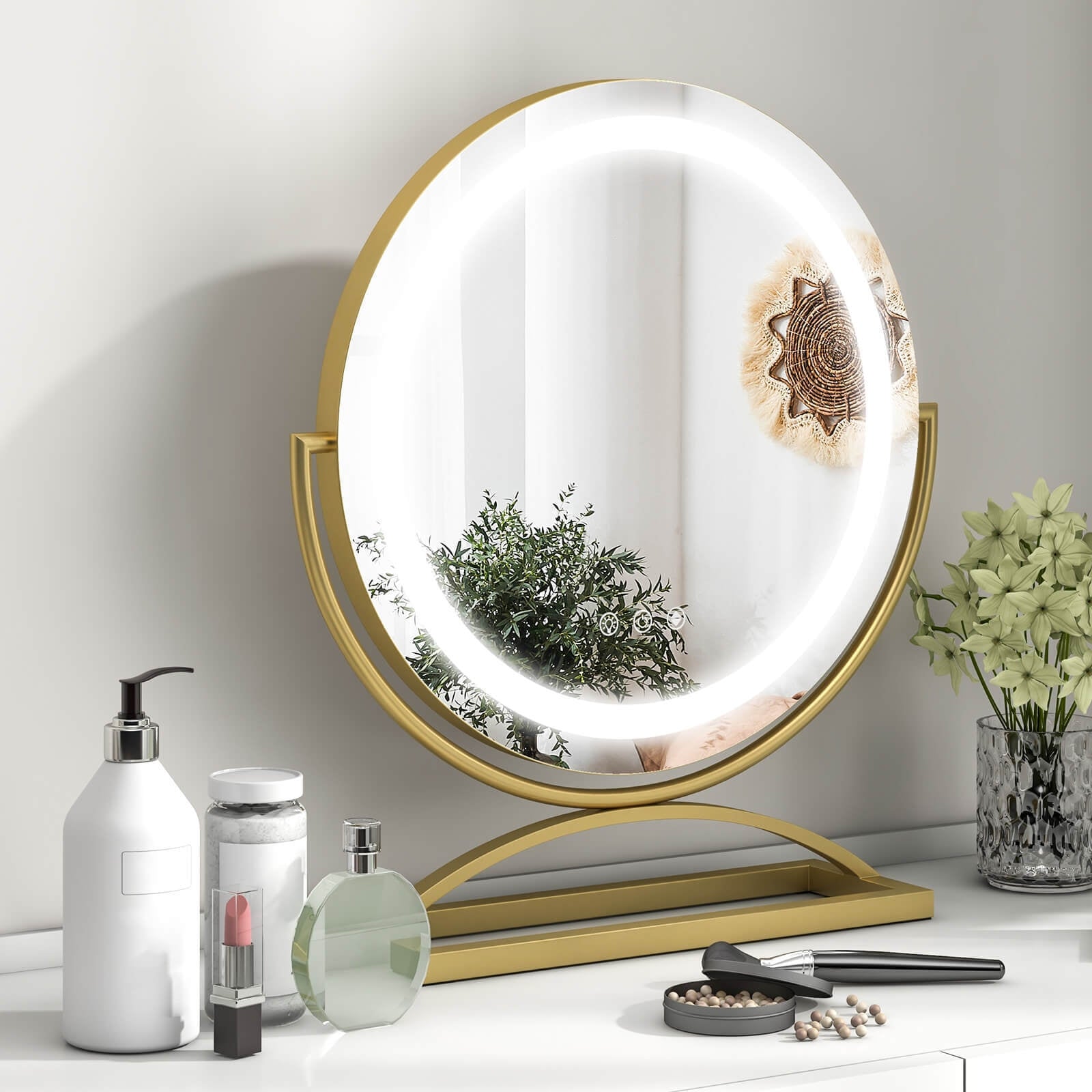 16 Inch Round Makeup Vanity Mirror with 3 Color Dimmable LED Lighting, Golden Mirrors at Gallery Canada