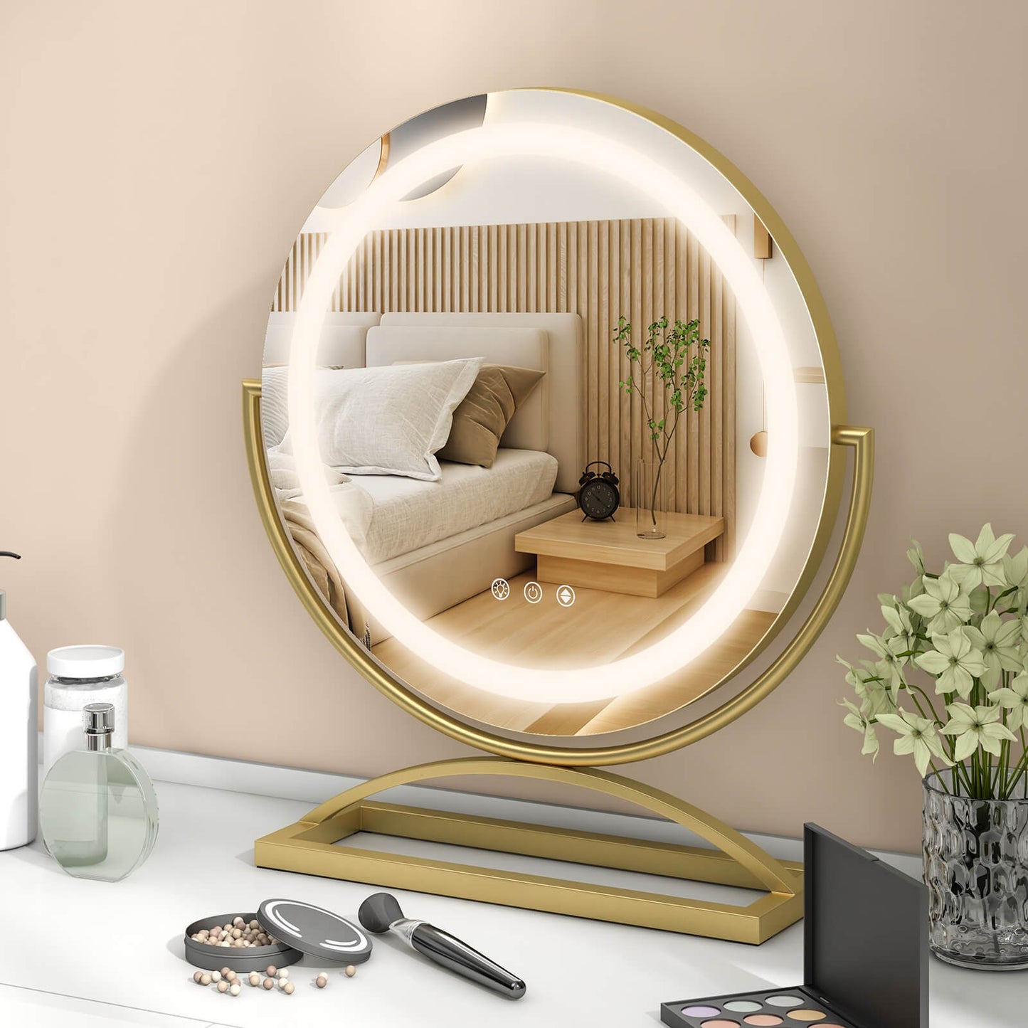 16 Inch Round Makeup Vanity Mirror with 3 Color Dimmable LED Lighting, Golden Mirrors at Gallery Canada