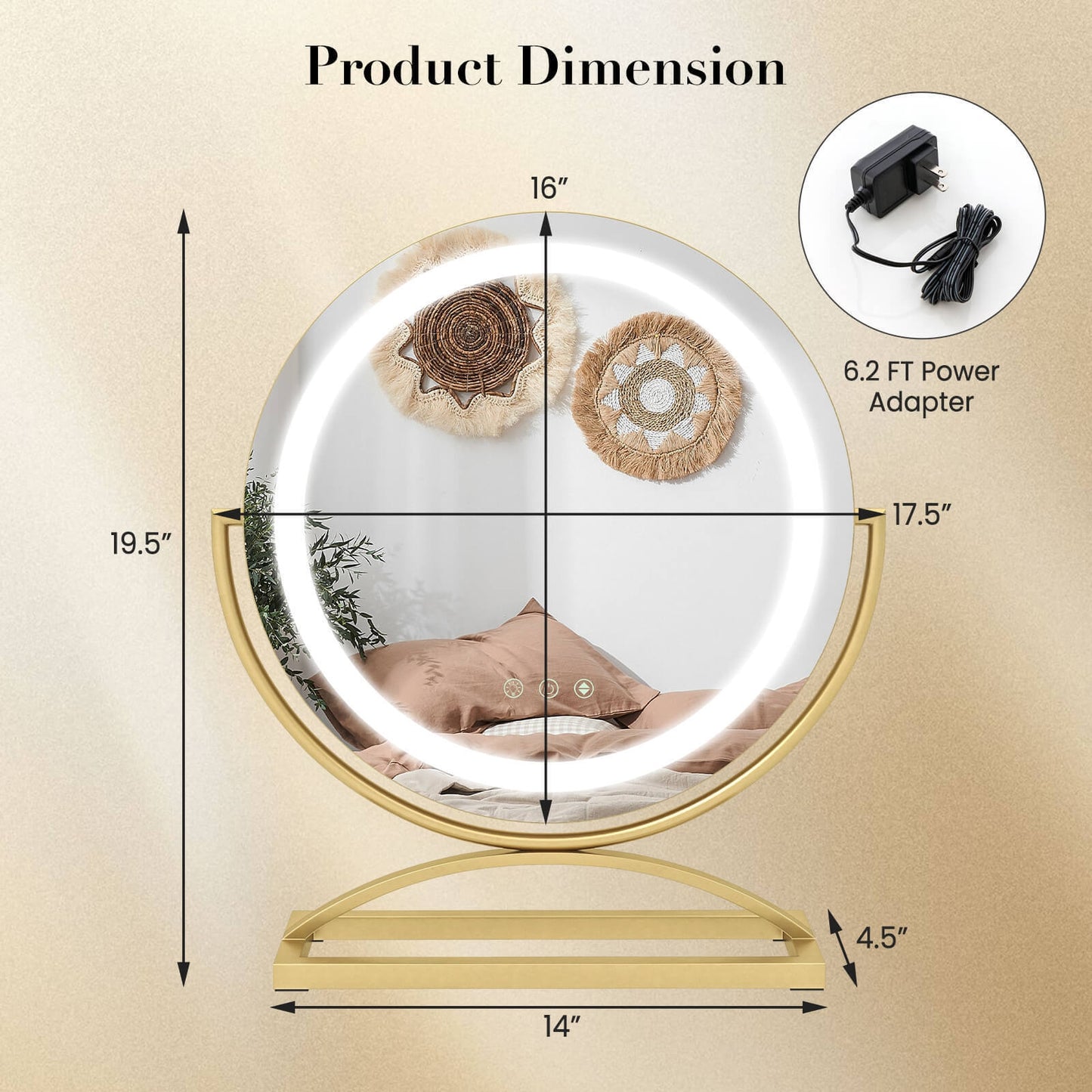 16 Inch Round Makeup Vanity Mirror with 3 Color Dimmable LED Lighting, Golden Mirrors at Gallery Canada