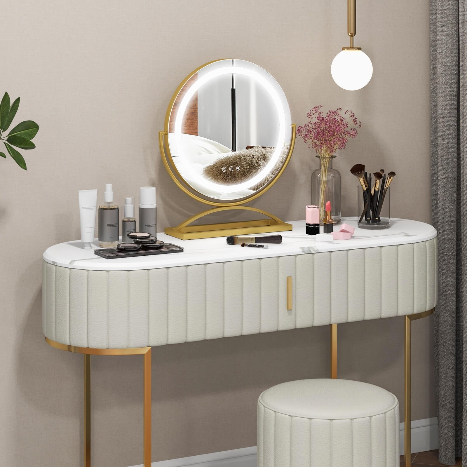 16 Inch Round Makeup Vanity Mirror with 3 Color Dimmable LED Lighting, Golden Mirrors at Gallery Canada