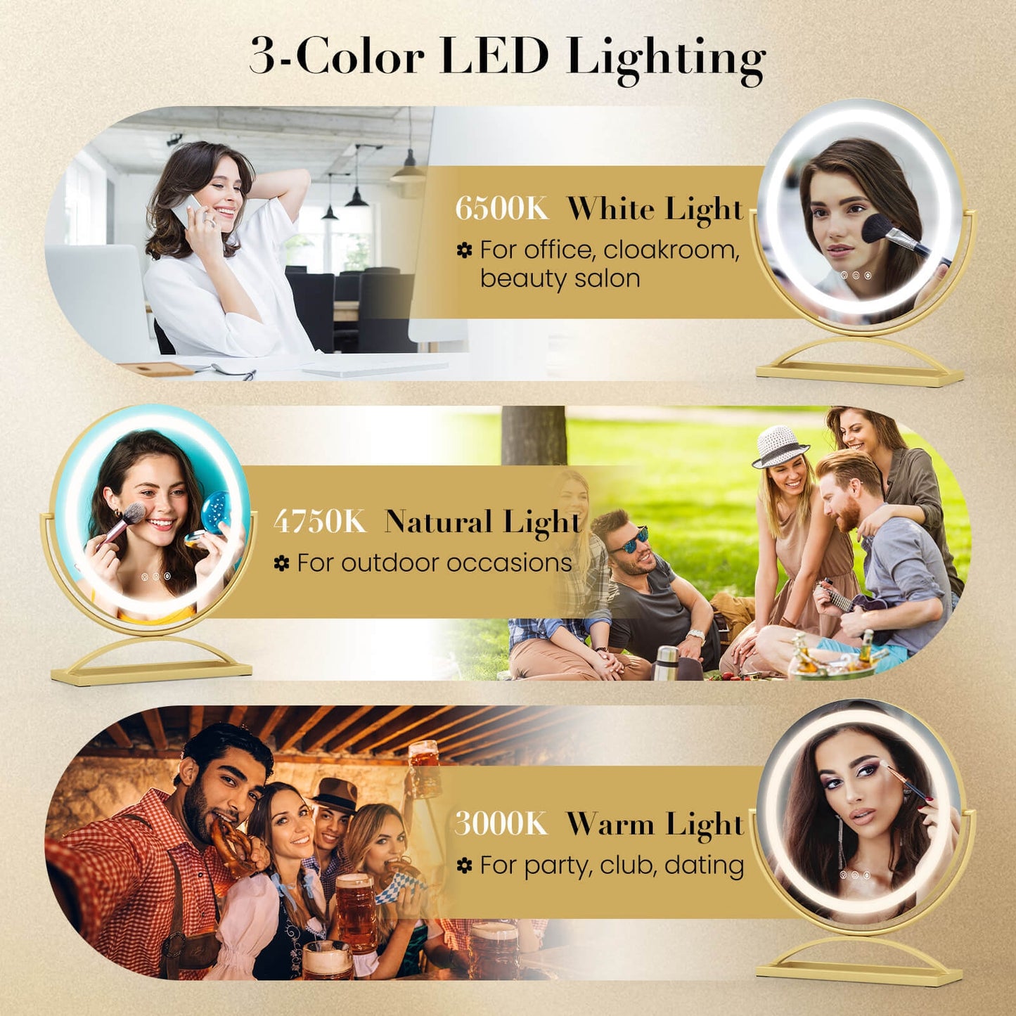 16 Inch Round Makeup Vanity Mirror with 3 Color Dimmable LED Lighting, Golden Mirrors at Gallery Canada