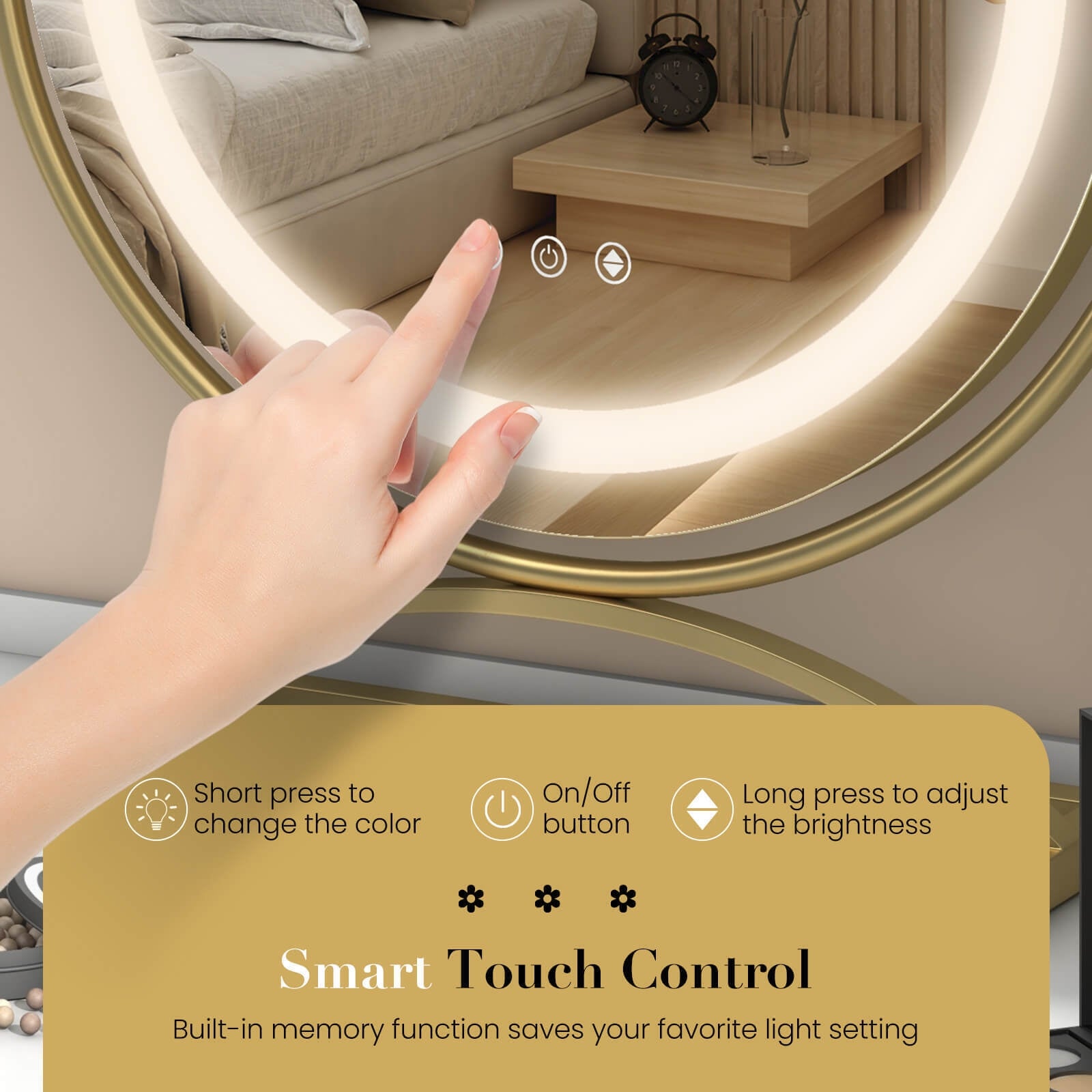 16 Inch Round Makeup Vanity Mirror with 3 Color Dimmable LED Lighting, Golden Mirrors at Gallery Canada