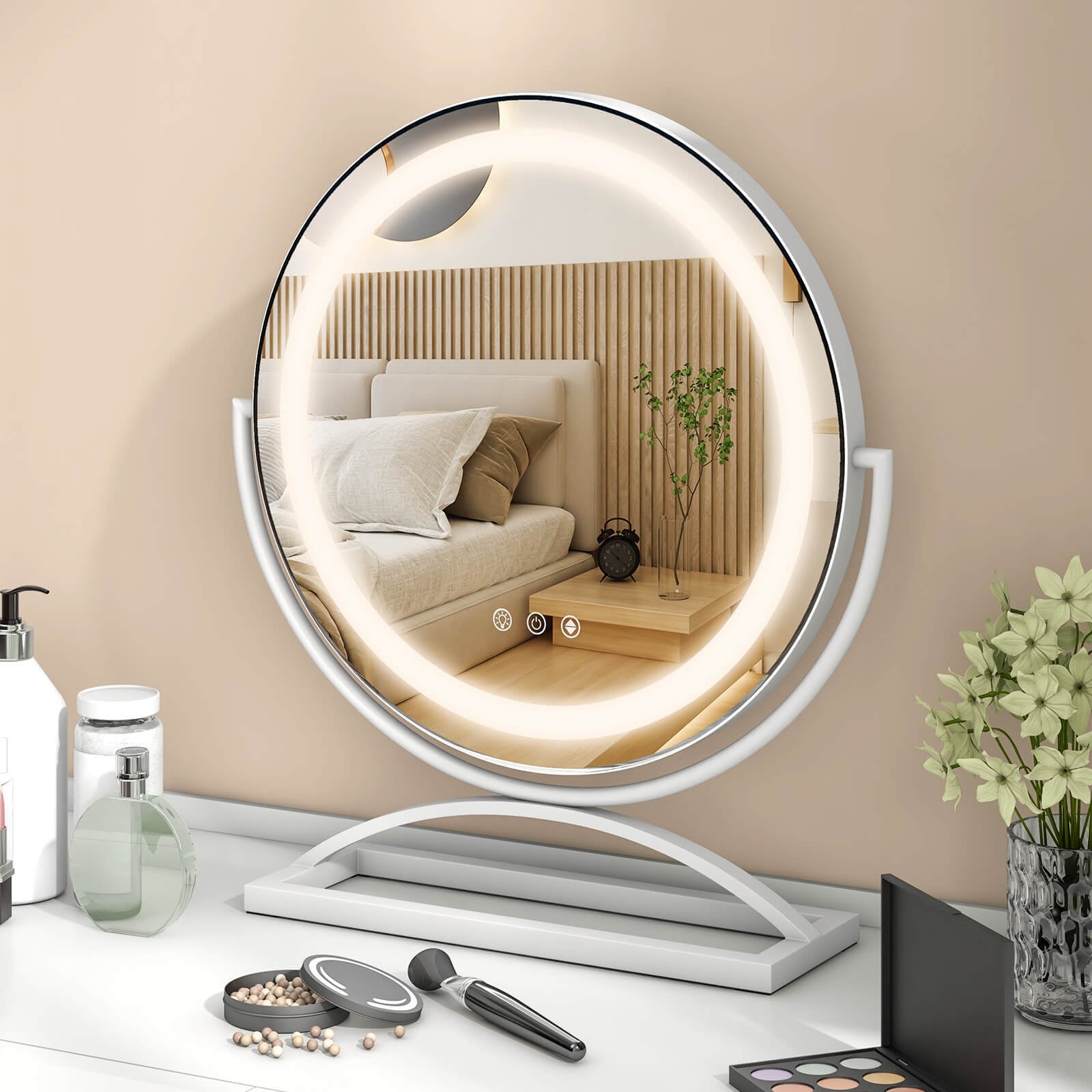 16 Inch Round Makeup Vanity Mirror with 3 Color Dimmable LED Lighting, White Mirrors at Gallery Canada