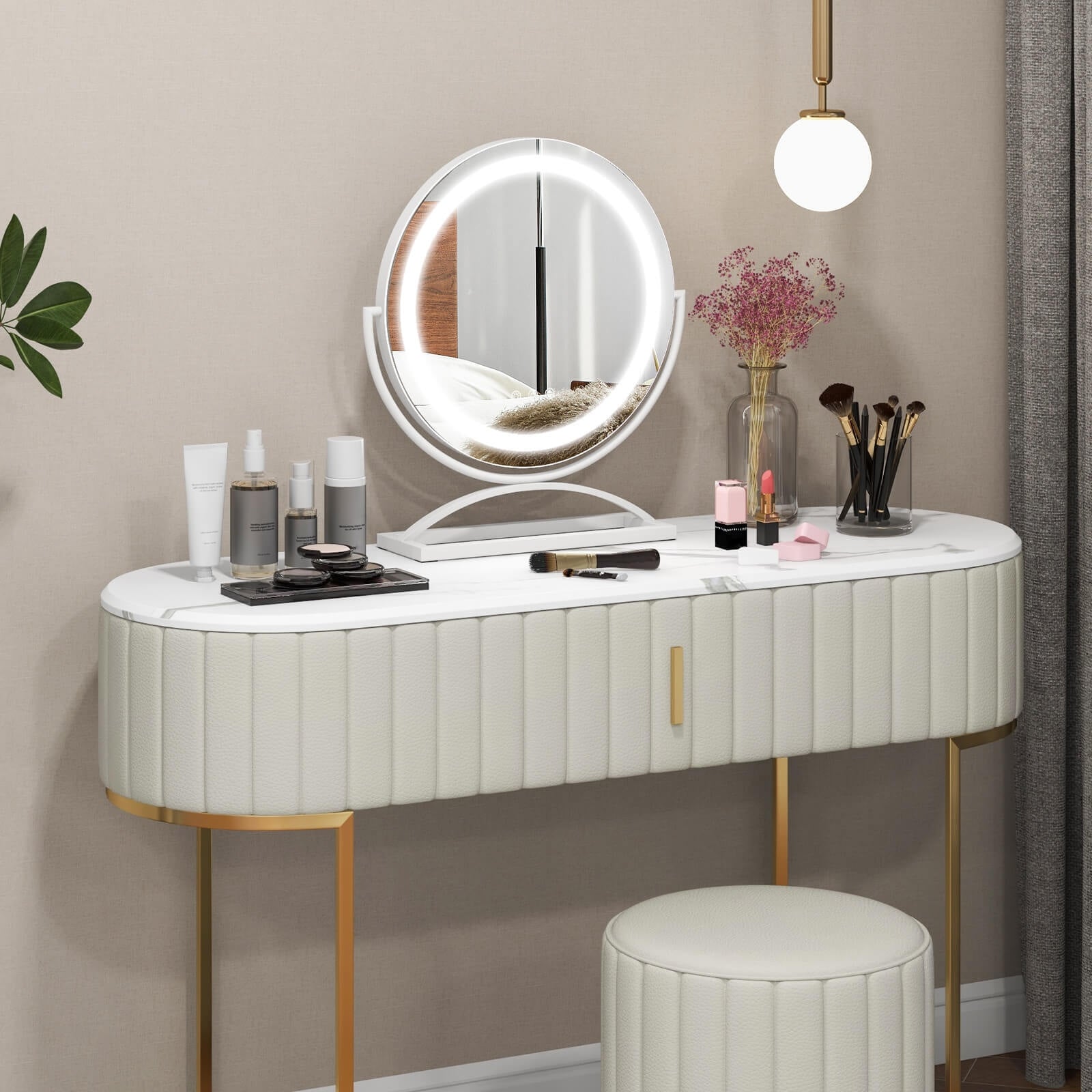 16 Inch Round Makeup Vanity Mirror with 3 Color Dimmable LED Lighting, White Mirrors at Gallery Canada