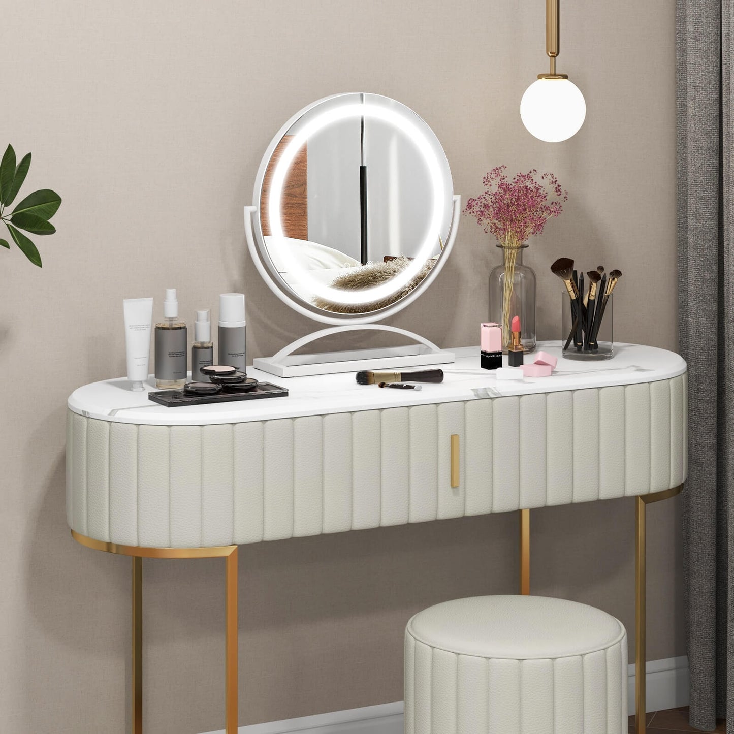 16 Inch Round Makeup Vanity Mirror with 3 Color Dimmable LED Lighting, White Mirrors at Gallery Canada