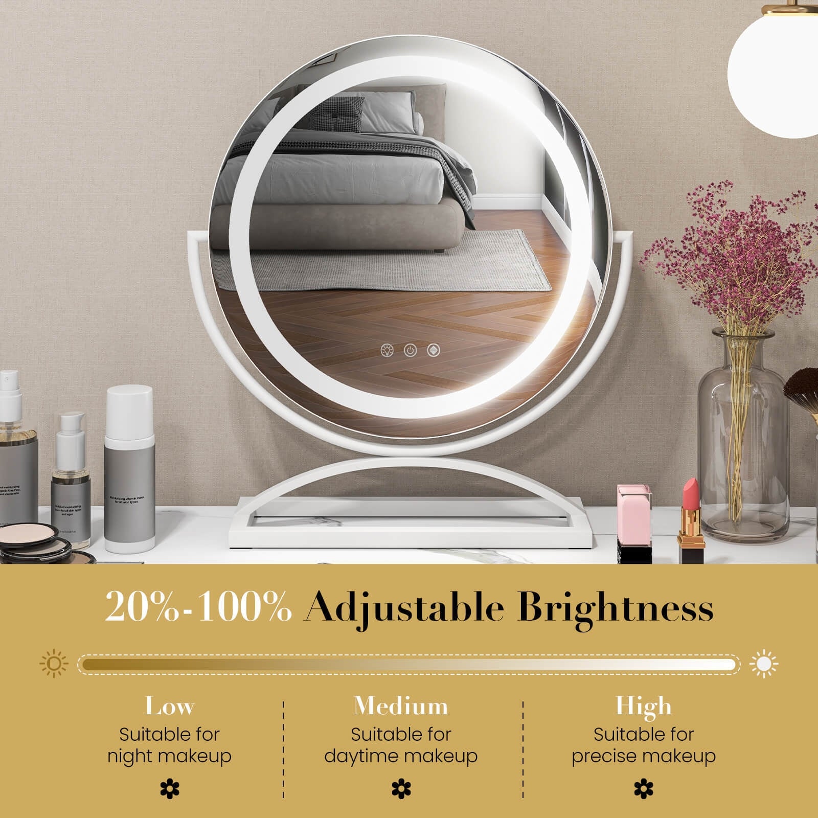 16 Inch Round Makeup Vanity Mirror with 3 Color Dimmable LED Lighting, White Mirrors at Gallery Canada