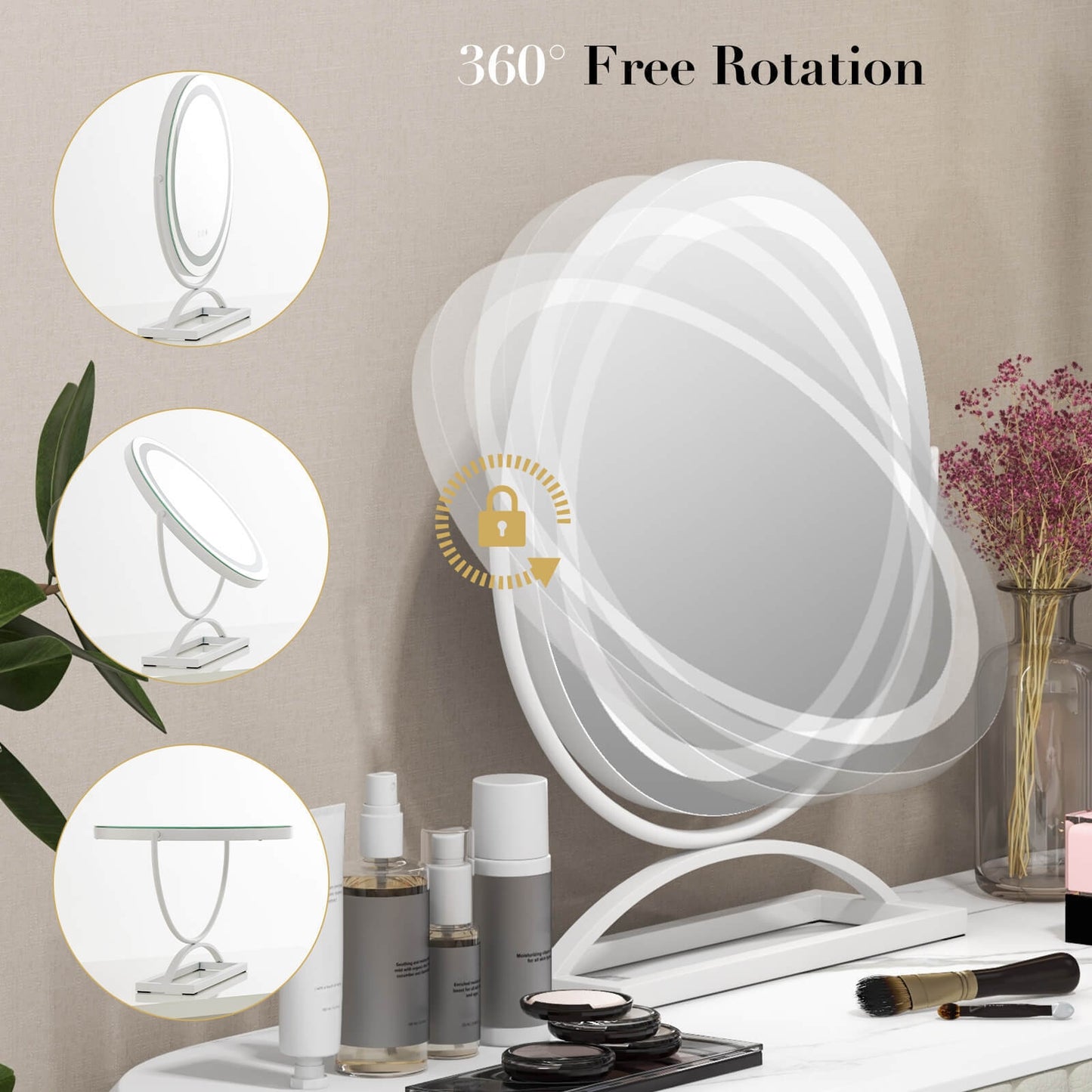 16 Inch Round Makeup Vanity Mirror with 3 Color Dimmable LED Lighting, White Mirrors at Gallery Canada