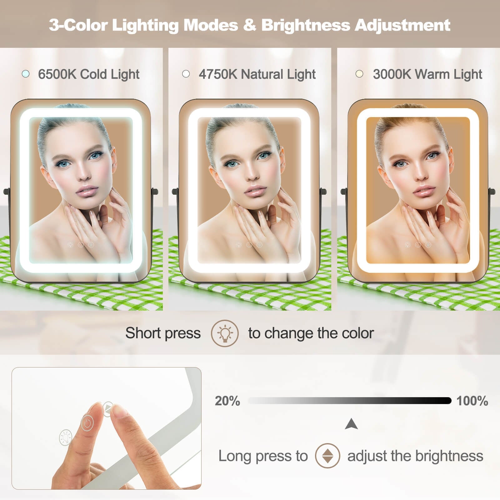 16 x 12 Inch Rectangular Vanity Makeup Mirror with 3 Color Dimmable Lighting, Black Mirrors at Gallery Canada