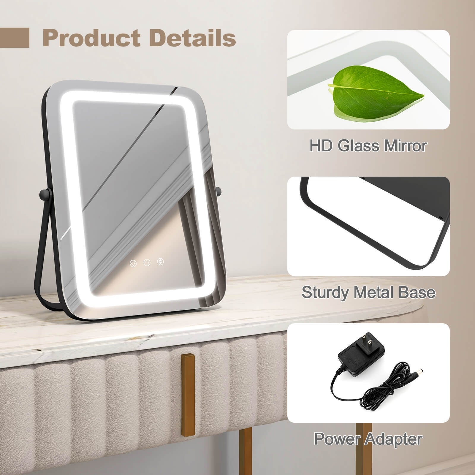 16 x 12 Inch Rectangular Vanity Makeup Mirror with 3 Color Dimmable Lighting, Black Mirrors at Gallery Canada