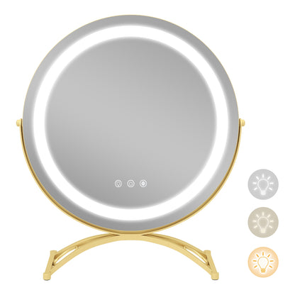 Miroir de vanité rond LED 16 x 16 pouces, éclairage 3 couleurs, gradation de luminosité, doré