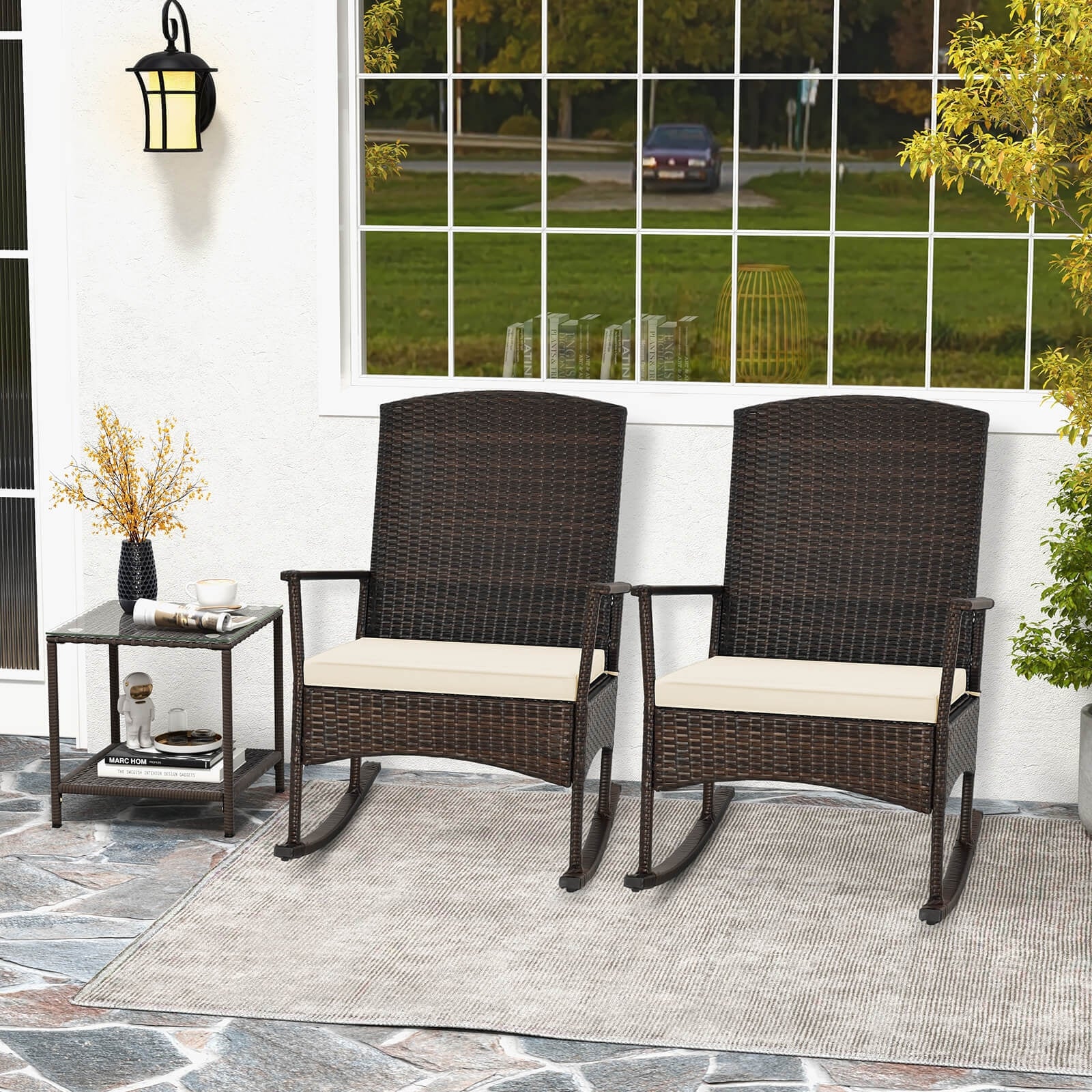 3 Piece Patio Rocking Set Wicker Rocking Chairs with 2-Tier Coffee Table, Off White Patio Conversation Sets at Gallery Canada