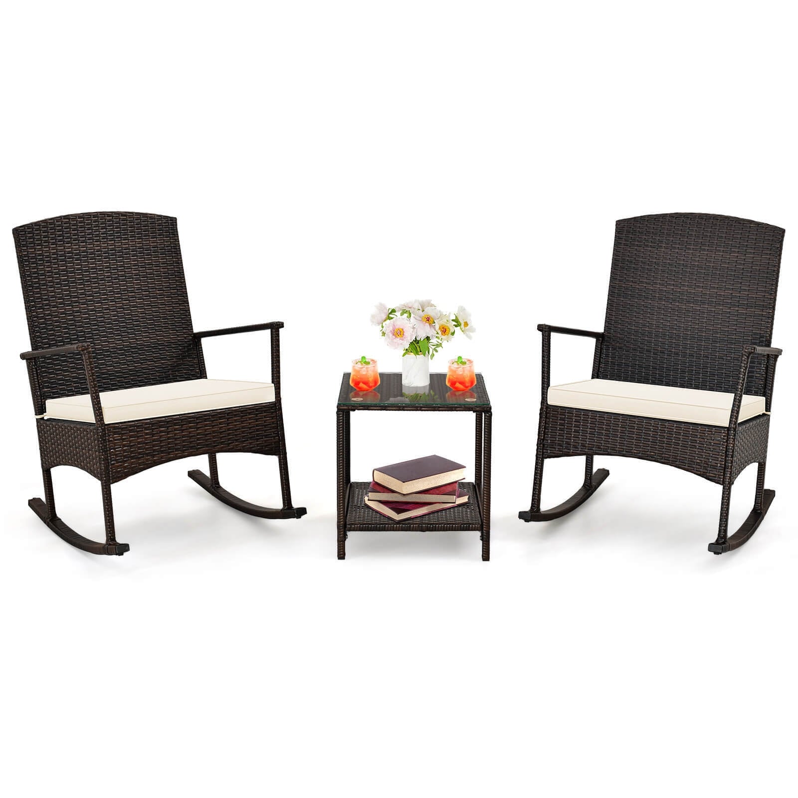 3 Piece Patio Rocking Set Wicker Rocking Chairs with 2-Tier Coffee Table, Off White Patio Conversation Sets Off White at Gallery Canada