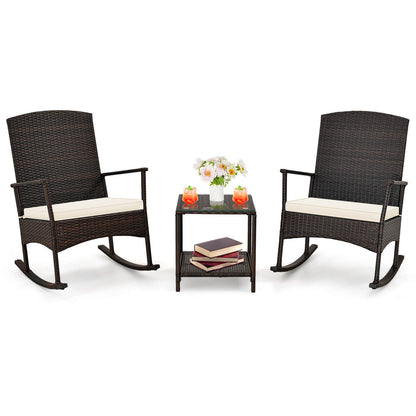 3 Piece Patio Rocking Set Wicker Rocking Chairs with 2-Tier Coffee Table, Off White Patio Conversation Sets Off White at Gallery Canada
