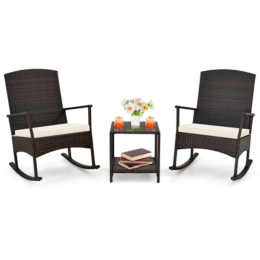3 Piece Patio Rocking Set Wicker Rocking Chairs with 2-Tier Coffee Table, Off White Patio Conversation Sets Off White at Gallery Canada