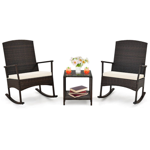 3 Piece Patio Rocking Set, Wicker Chairs, 2-Tier Coffee Table, Off White