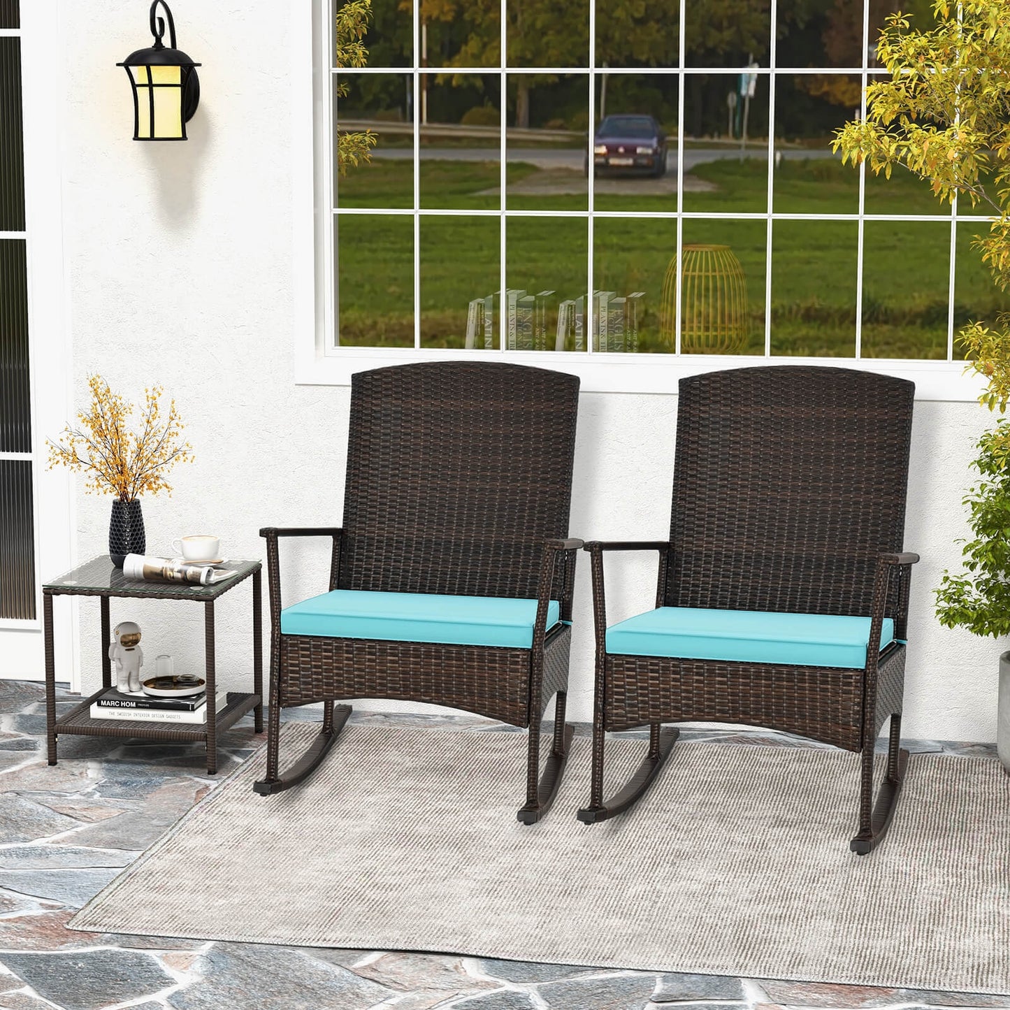 3 Piece Patio Rocking Set Wicker Rocking Chairs with 2-Tier Coffee Table, Turquoise Patio Conversation Sets at Gallery Canada