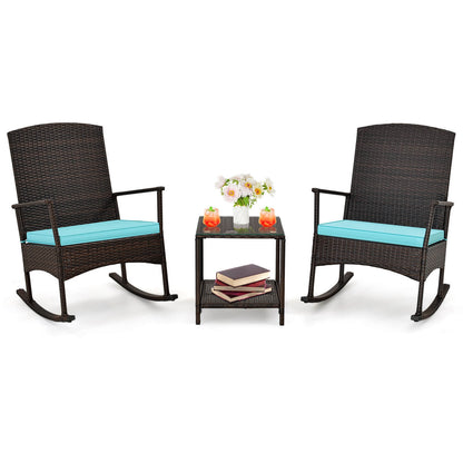 3 Piece Patio Rocking Set Wicker Rocking Chairs with 2-Tier Coffee Table, Turquoise Patio Conversation Sets at Gallery Canada