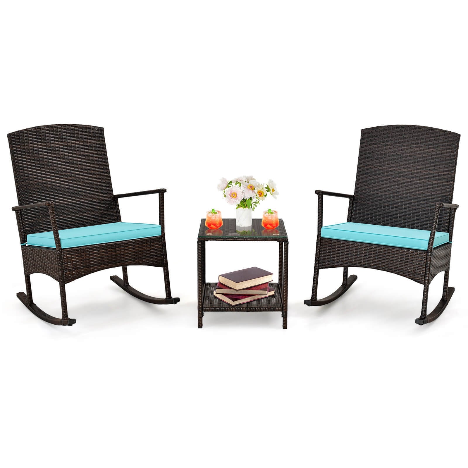 3 Piece Patio Rocking Set Wicker Rocking Chairs with 2-Tier Coffee Table, Turquoise Patio Conversation Sets Turquoise at Gallery Canada