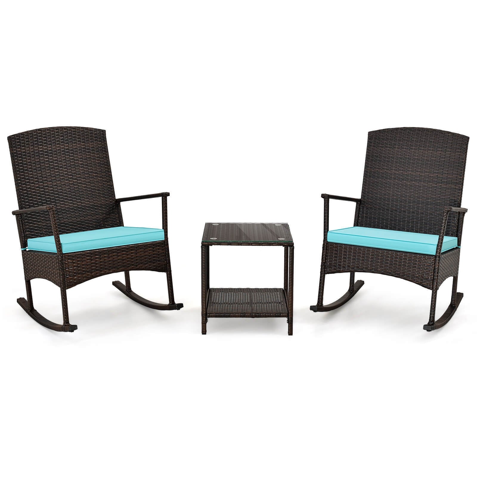 3 Piece Patio Rocking Set Wicker Rocking Chairs with 2-Tier Coffee Table, Turquoise Patio Conversation Sets at Gallery Canada